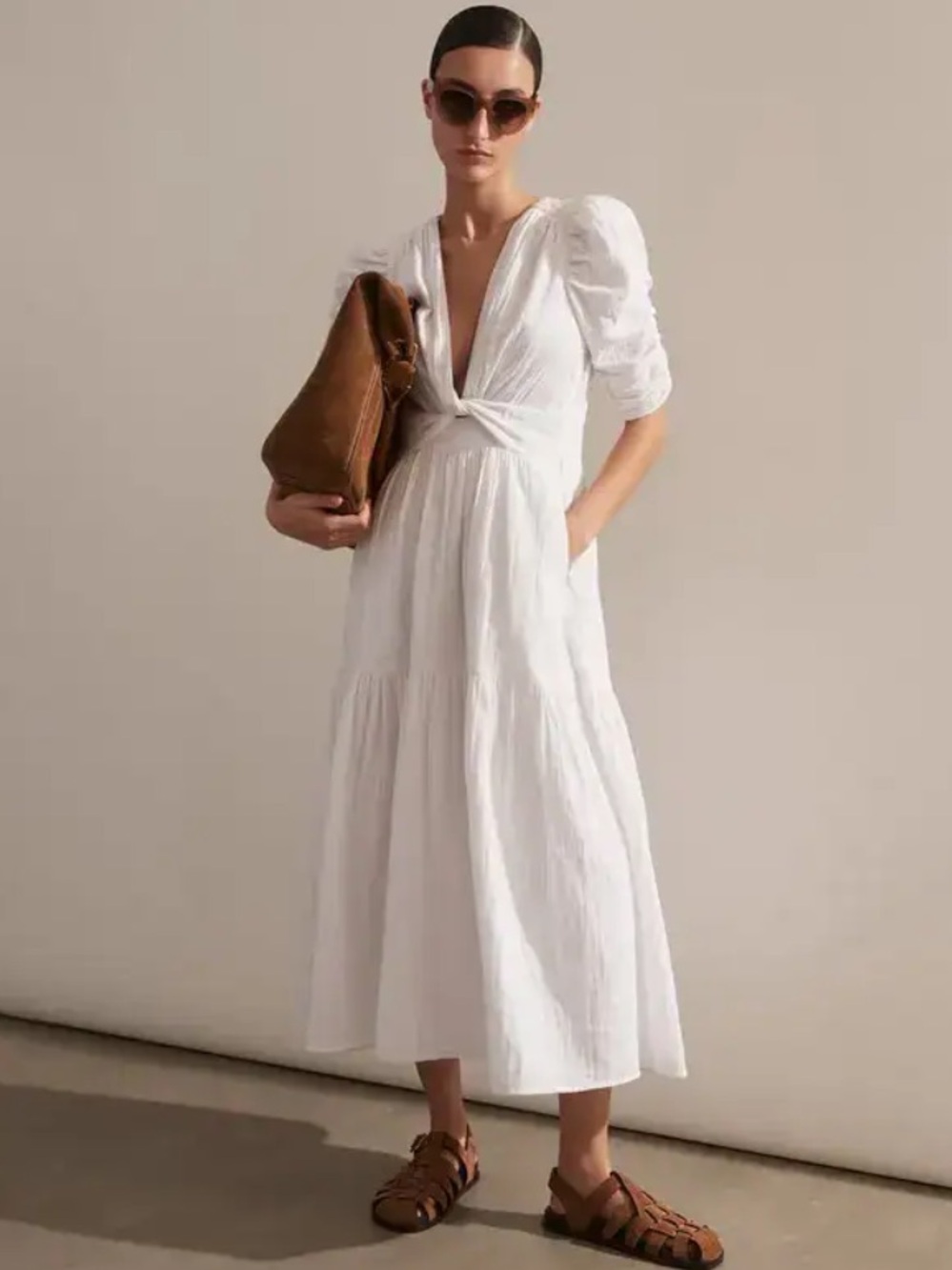 ME+EM Cheesecloth Gathered Sleeve Maxi Dress
